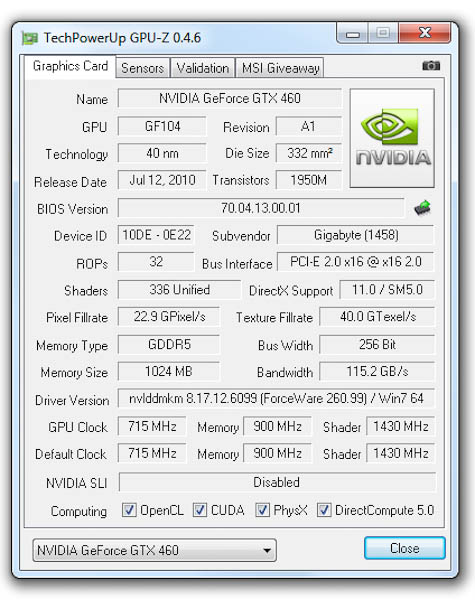 GPU-Z Gigabyte GeForce GTX 460 1GB